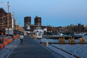 Waterfront view at Oslo in the evening during the winter season