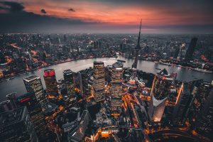 Aerial view of Shanghai’s CBD and the Huangpu River in the evening