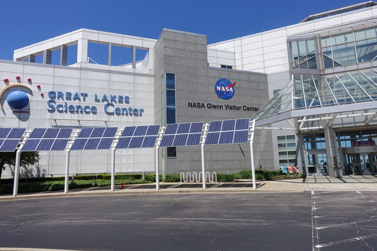 Main entrance to Cleveland’s Great Lakes Science Centre with solar panels along the entry point