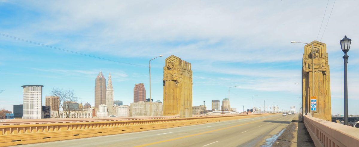 First person view of Cleveland’s Hope Memorial Bridge and the pairs of statues known as “Guardians of Traffic"