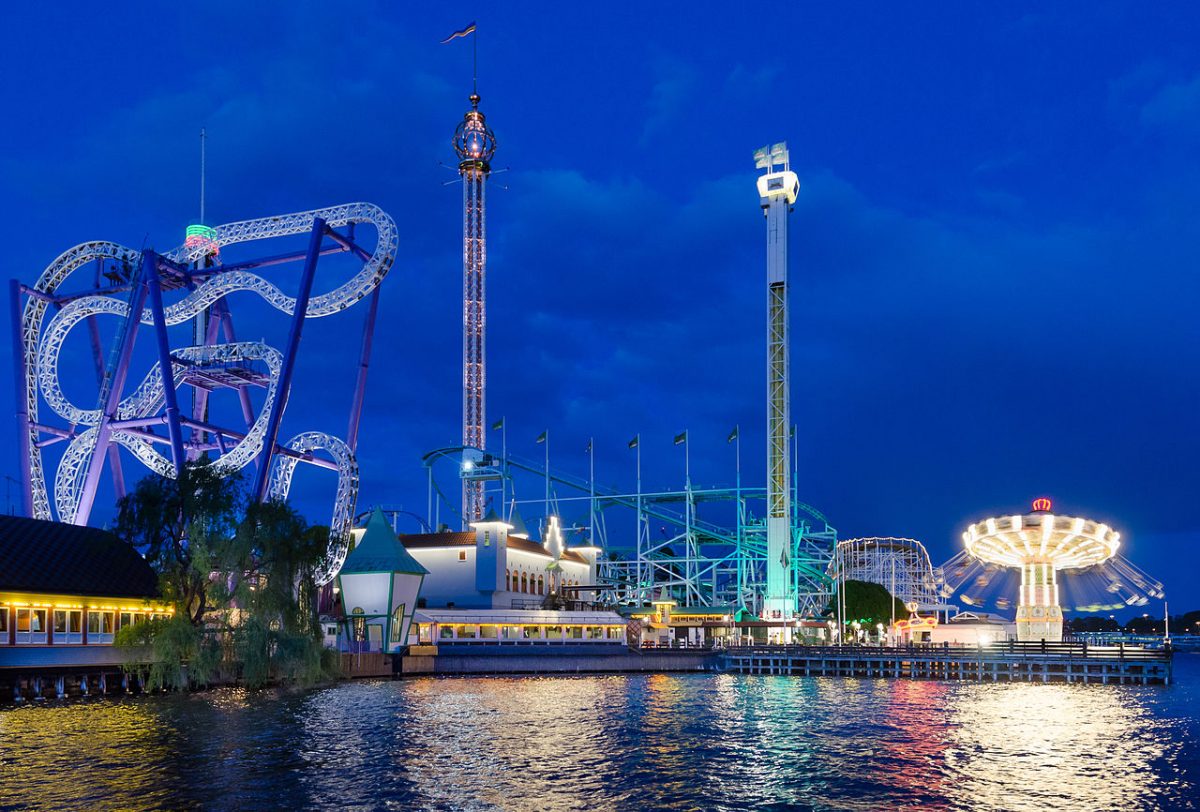 Gröna Lund, a beautiful night time view of the amusement park illuminated by lights Gröna Lund, a beautiful night time view of the amusement park illuminated by lights