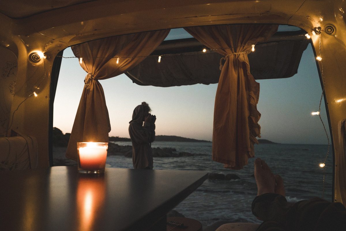 Relaxing inside an RV in the evening Relaxing inside an RV in the evening