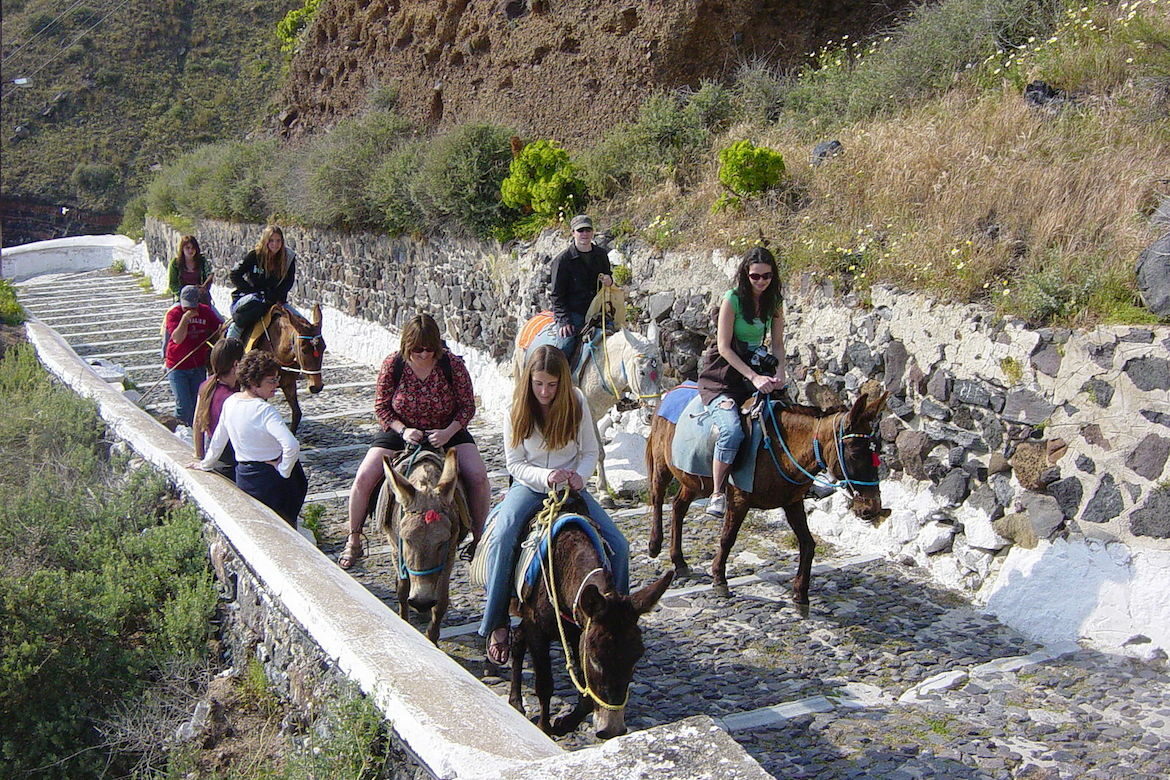 Traditional Donkey ride at Santorini, Greece