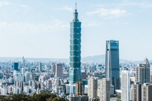 First person view of Taipei’s CBD in the daytime with Taipei 101 as the main focus