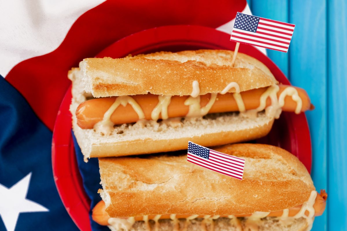 Two hot dogs with American Flag