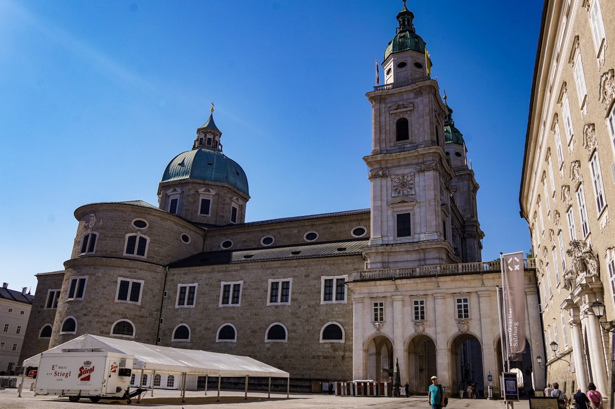Side view of Salzburg Cathedral with turquoise dome