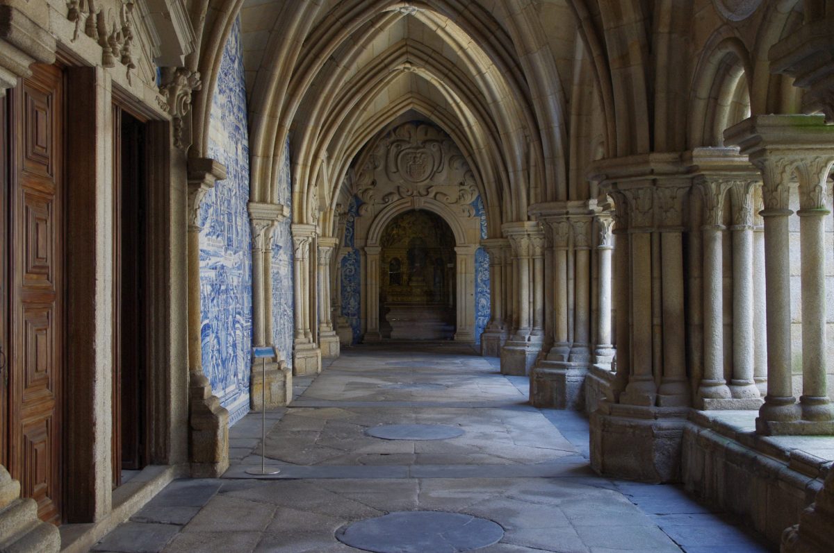 Interior of the Porto’s Cathedral’s cloister which house classic treasures and its wall paintings illustrate stories from the Bible