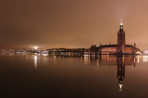 Stockholm, evening shot overlooking the waters at Stockholm City Hall