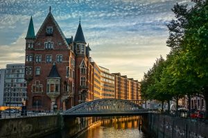 Hamburg bridges and river during sunset