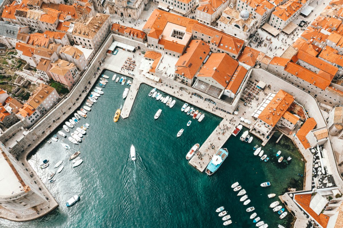 Aerial view City Walls surrounding Dubrovnik city Aerial view City Walls surrounding Dubrovnik city