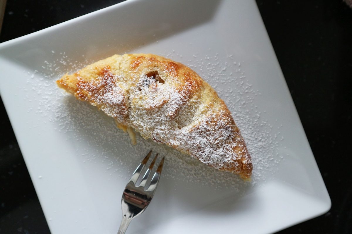 Apple strudel on a white plate with fork on the side