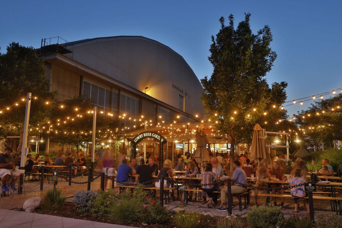 Outdoor beer garden at Lowry Denver, Colorado