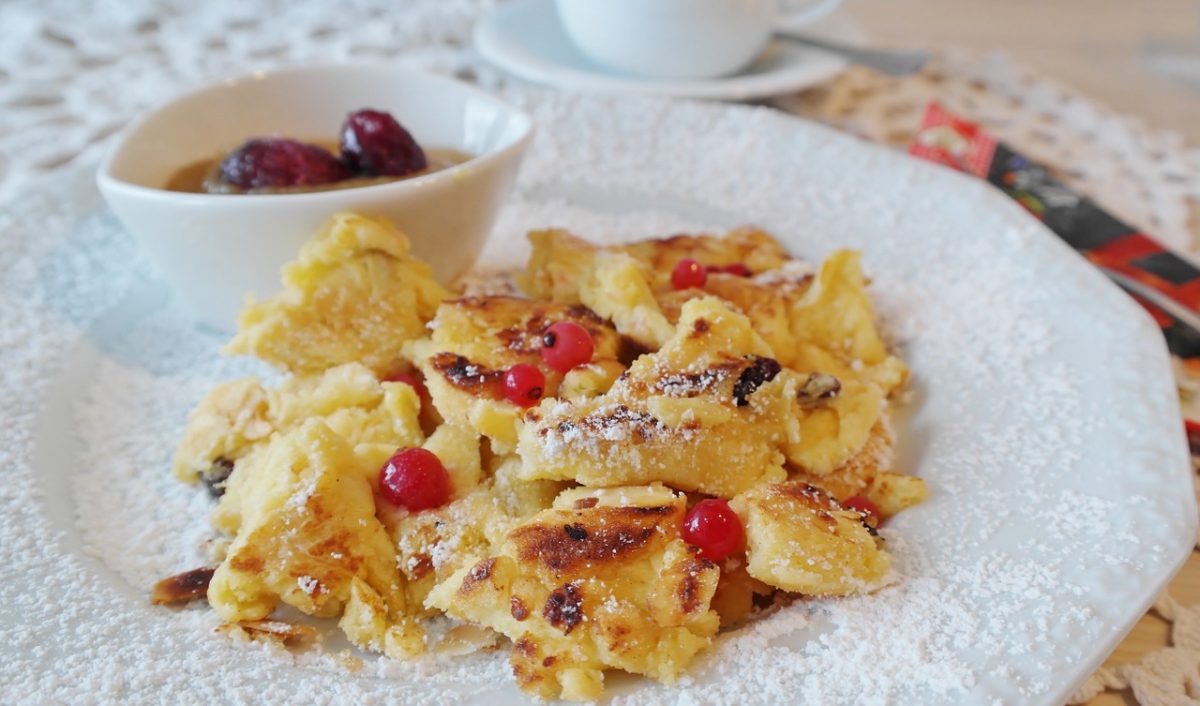 Chopped up fluffy pancakes in a dish 