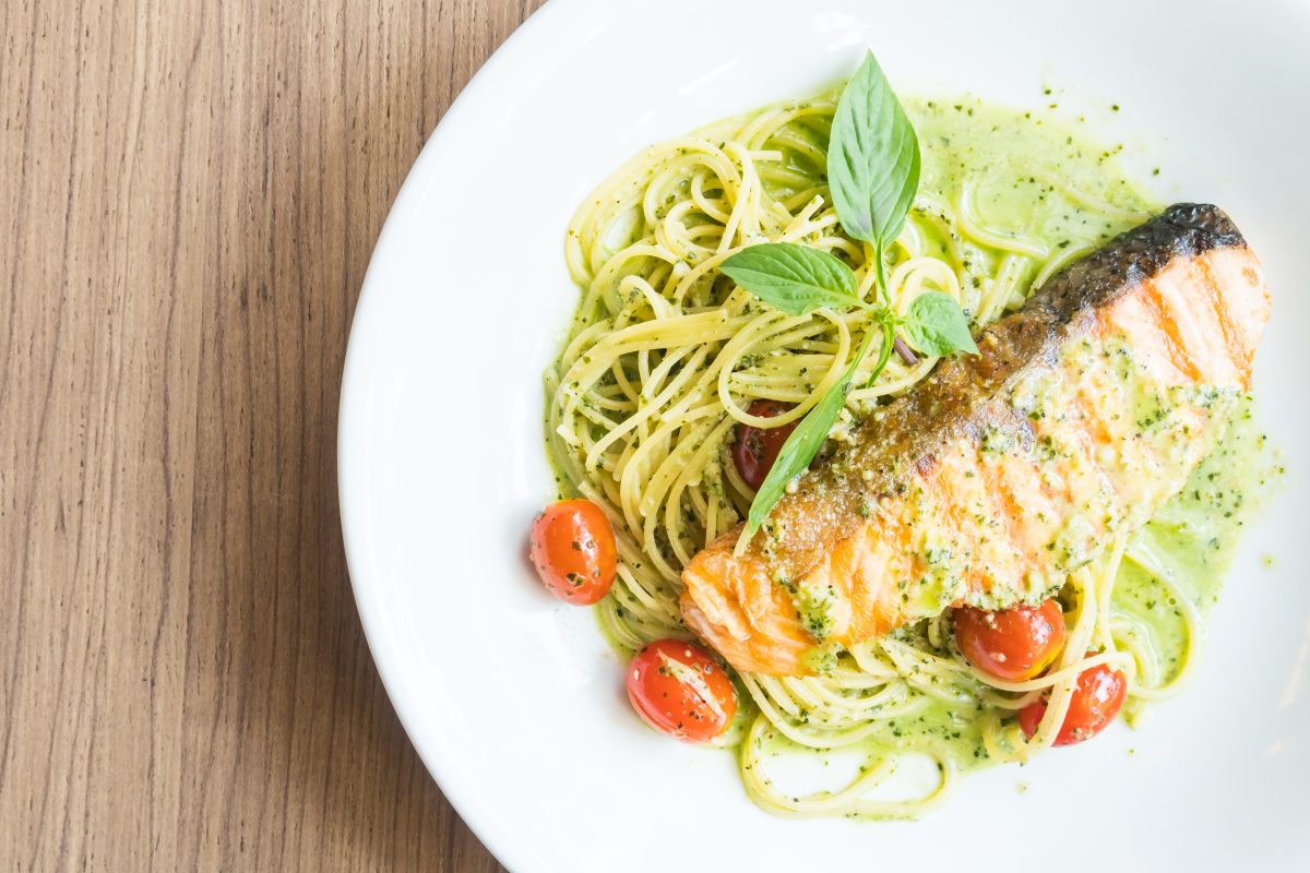 Pesto Cream Salmon Pasta in a restaurant