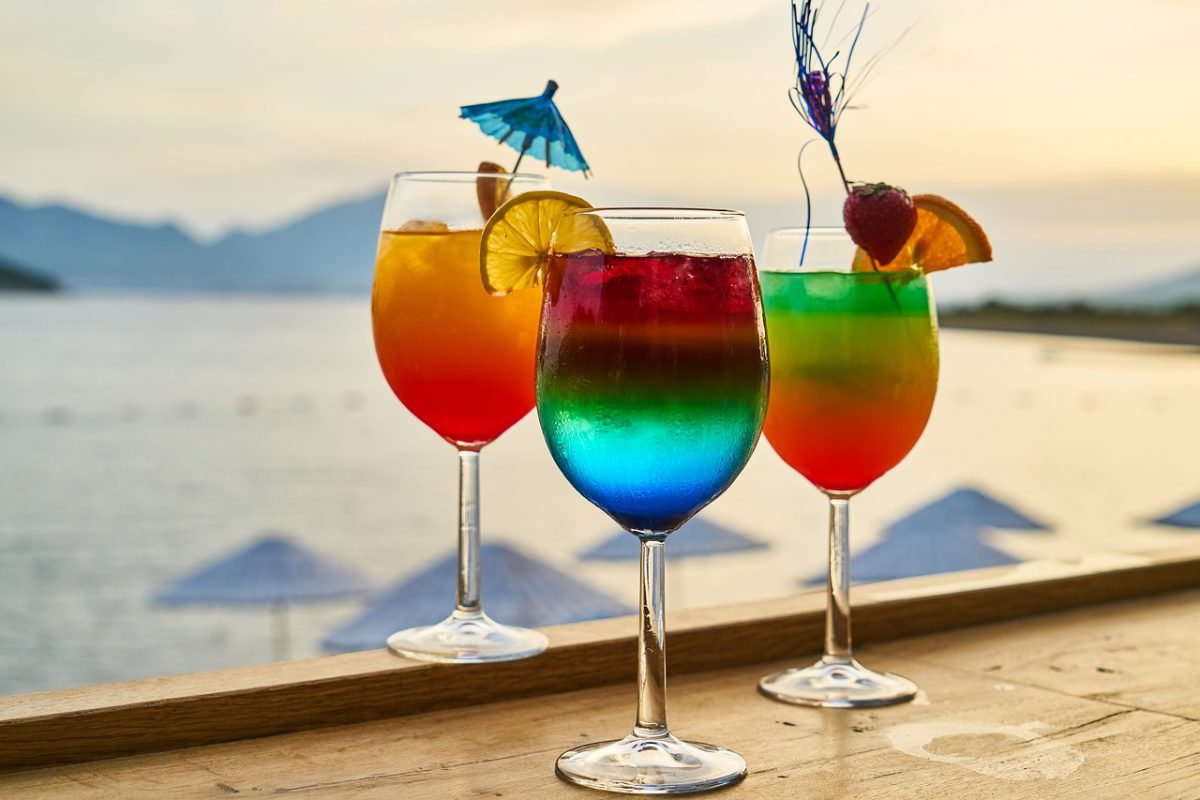 Colorful drinks on a table at a beach