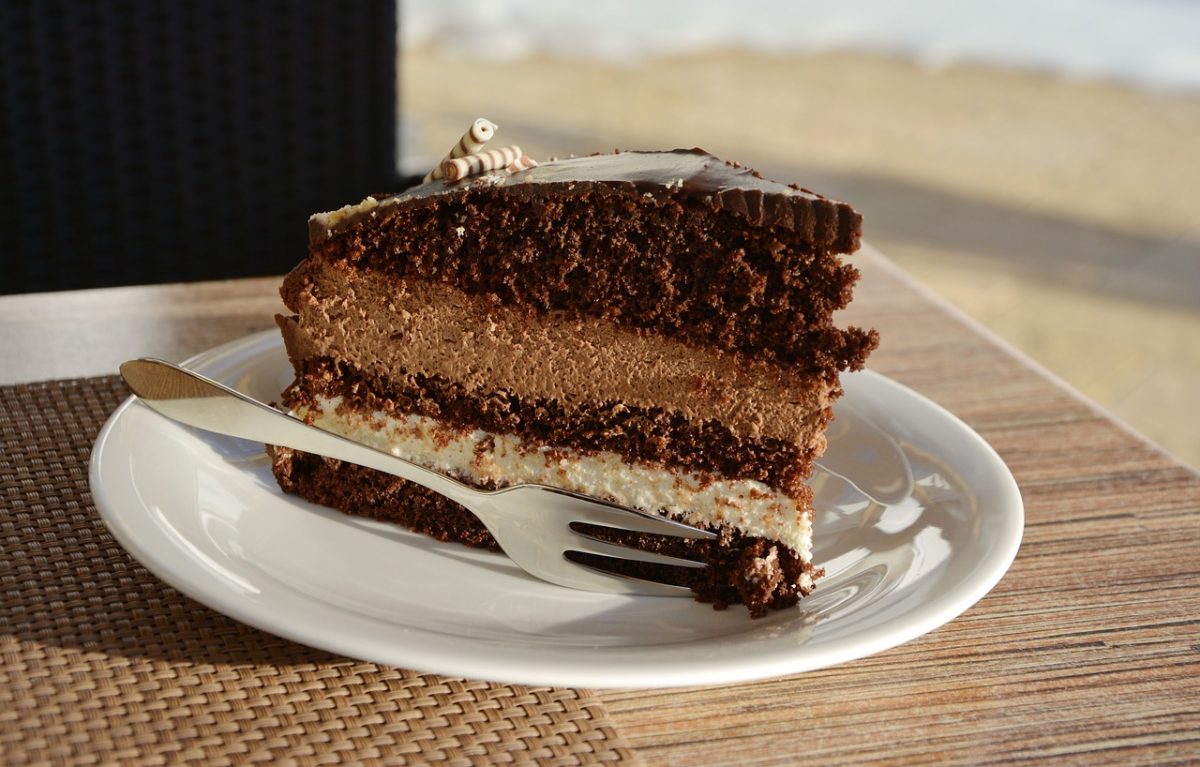 Chocolate cake piece on a plate 