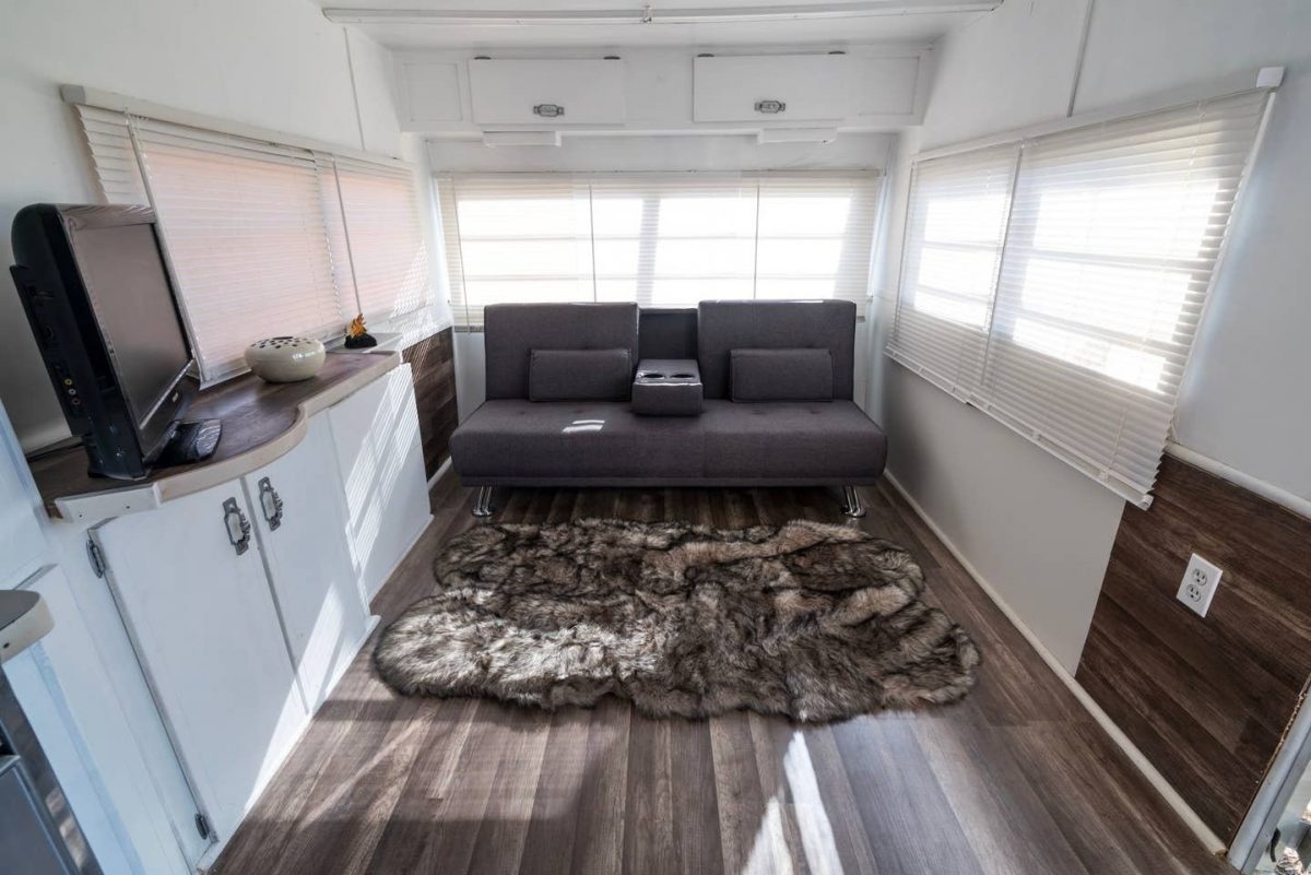 Photo of the interior of a remodelled RV Airbnb