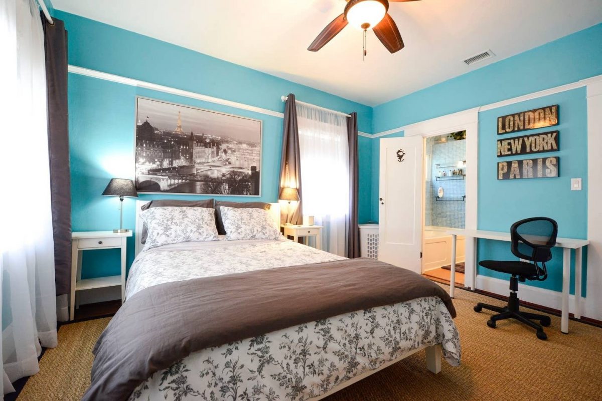 Bedroom with blue walls