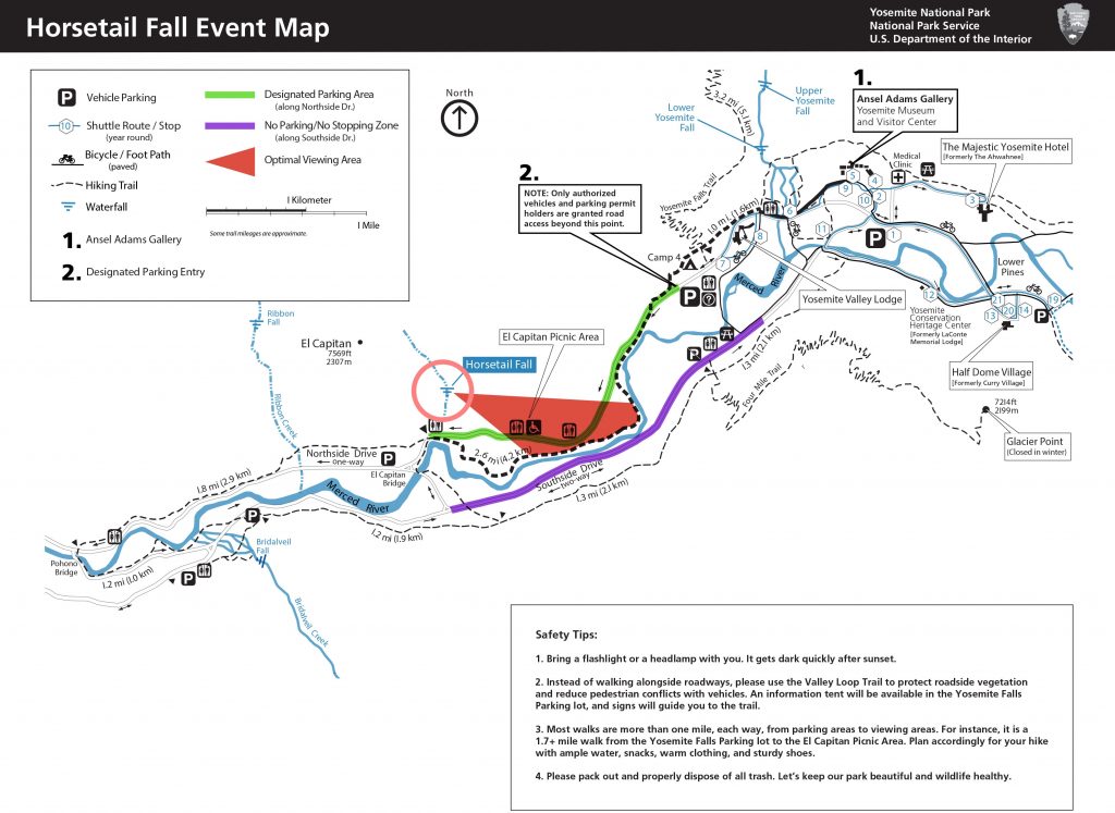 Yosemite Map, Viewing Points, Firefall