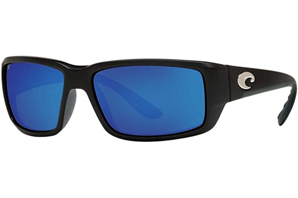 Fantail sunglasses from Costa del Mar in black with blue mirrored lenses. Fantail sunglasses from Costa del Mar in black with blue mirrored lenses.