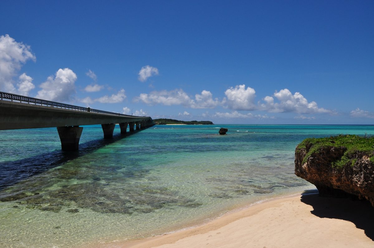 A view of a bridge from the beach in Miyako Island, Japan