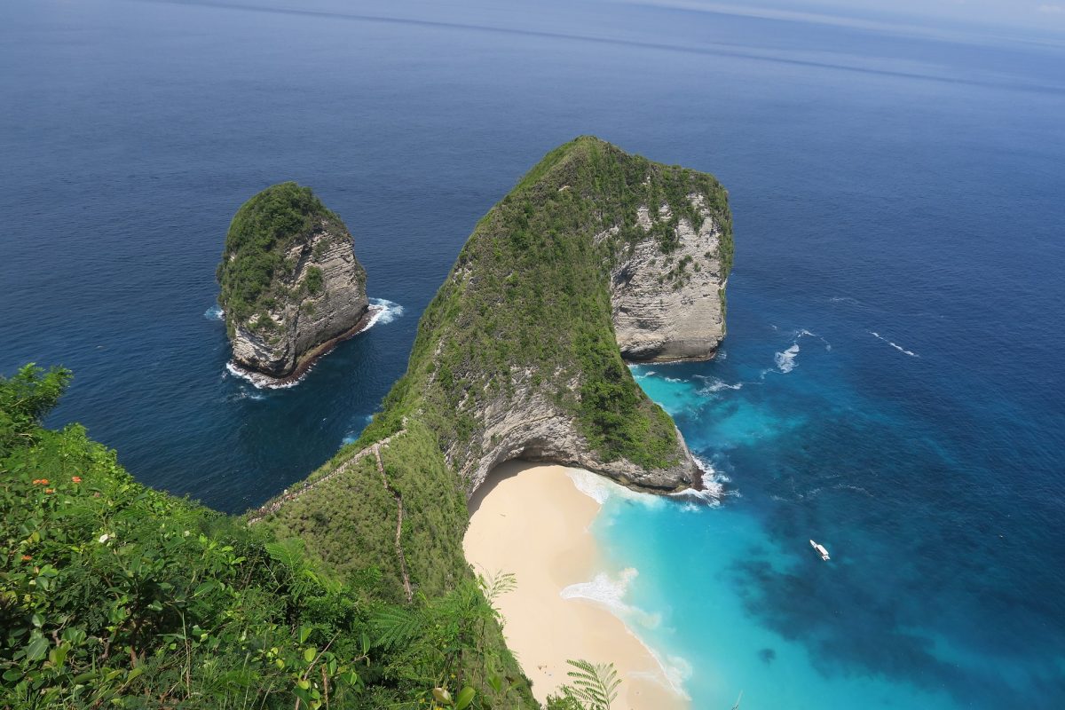 An aerial view of the beach in Nusa Penida, Indonesia