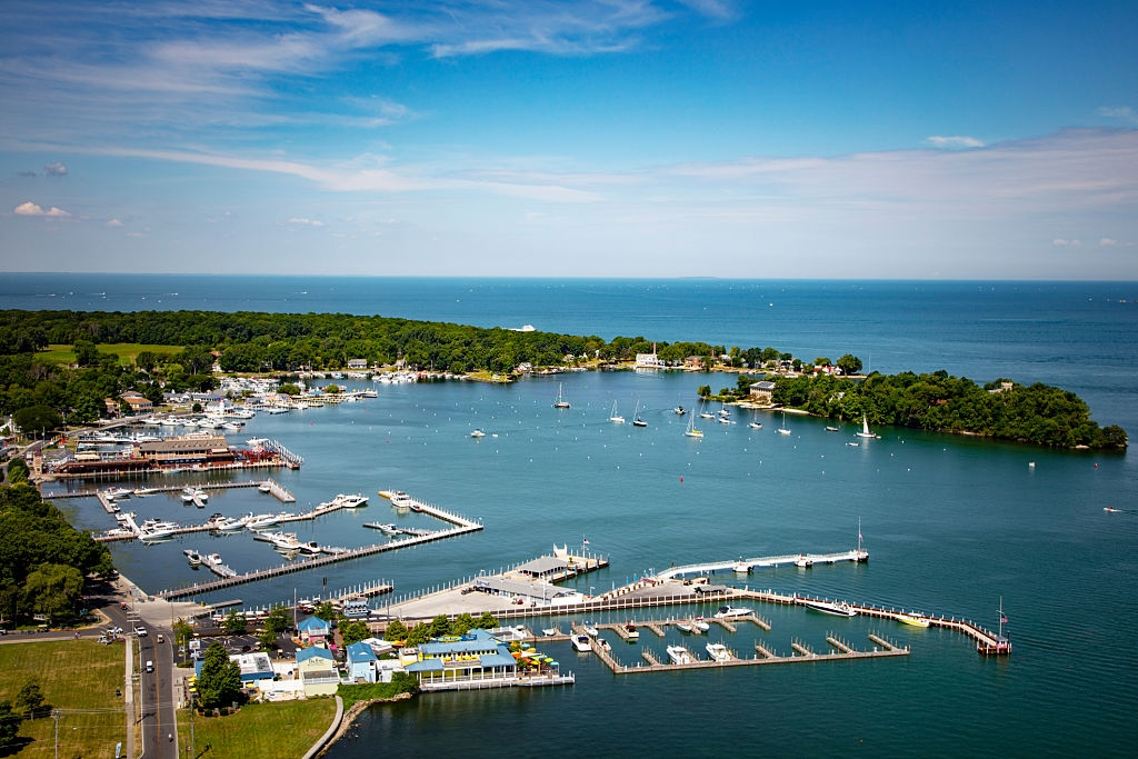 Aerial view of Lake Erie in Ohio with clear blue sky during the summer