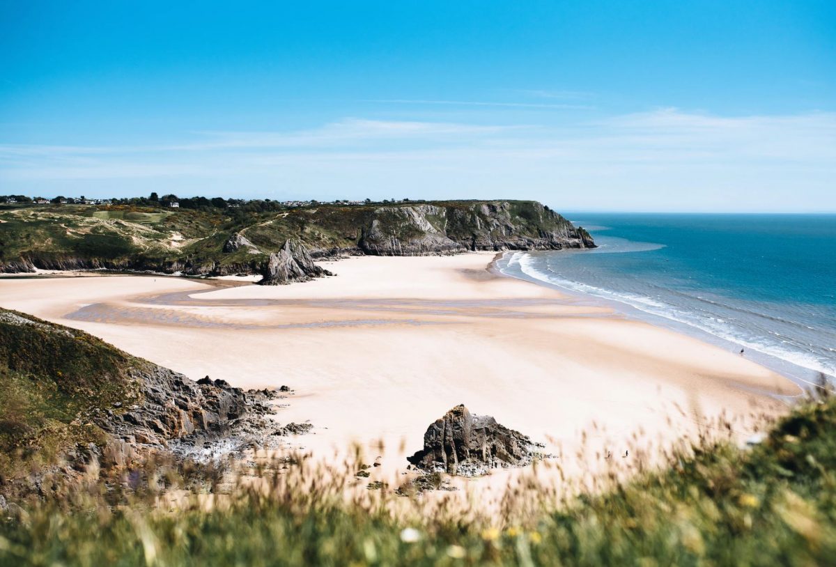 Three Cliffs Bay white sand beach in Wales