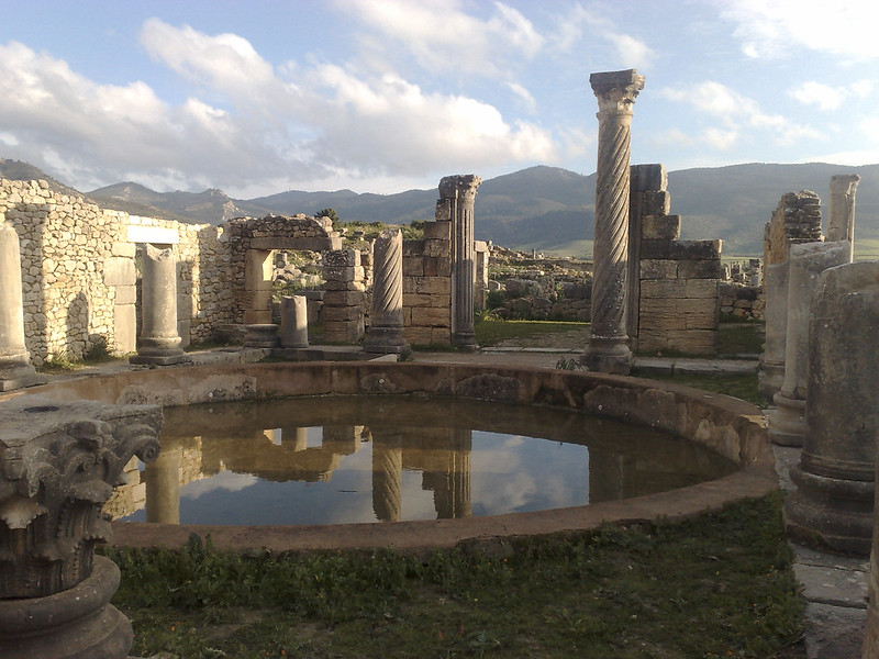 A round impluvium within the atrium of a Roman house in Volubilis, Morocco. 