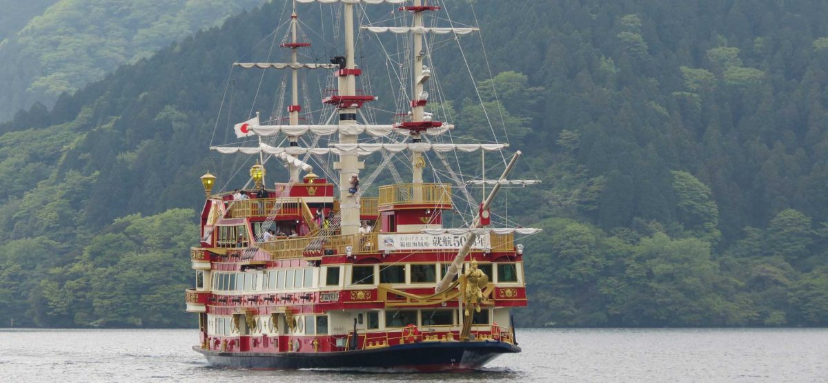 A pirate boat sailing Lake Ashi