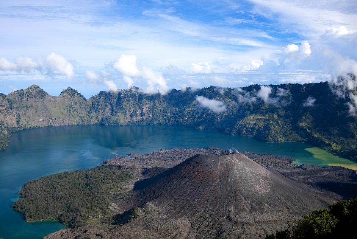 drone view of volcanic mountain in Lombok, Indonesia