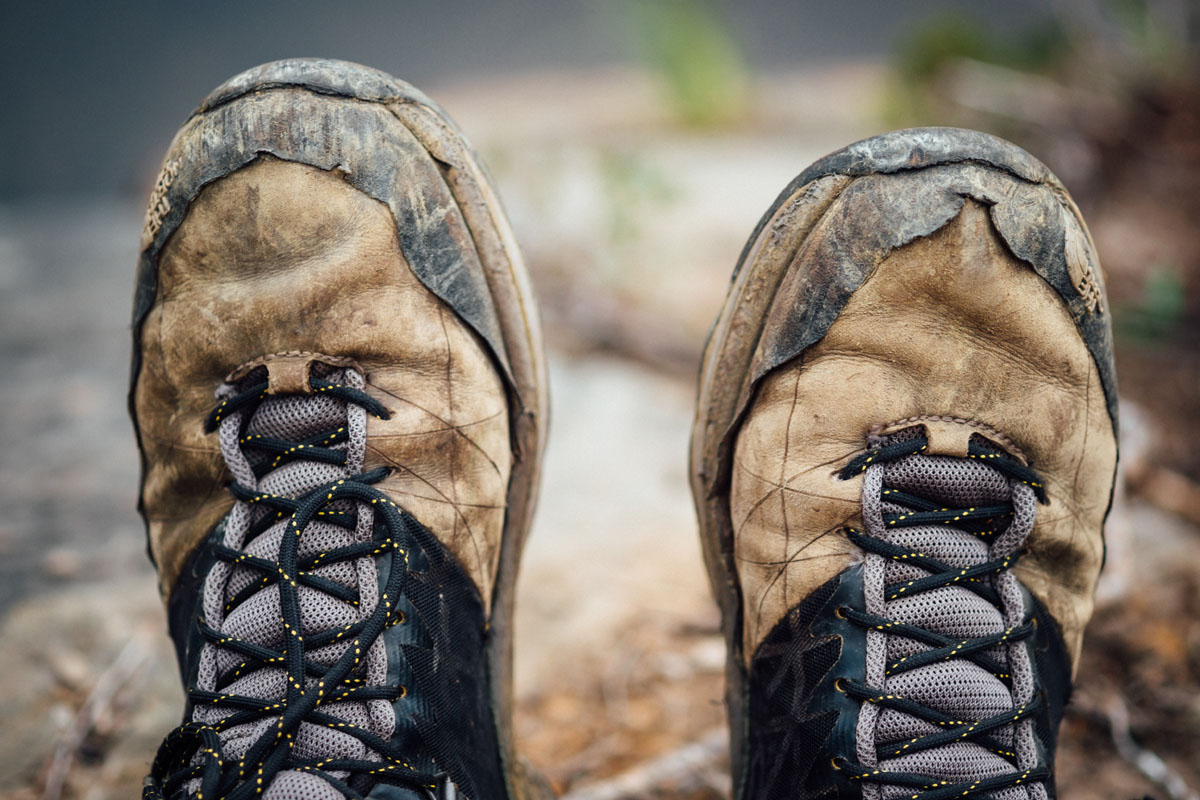 Dirty and used hiking boots