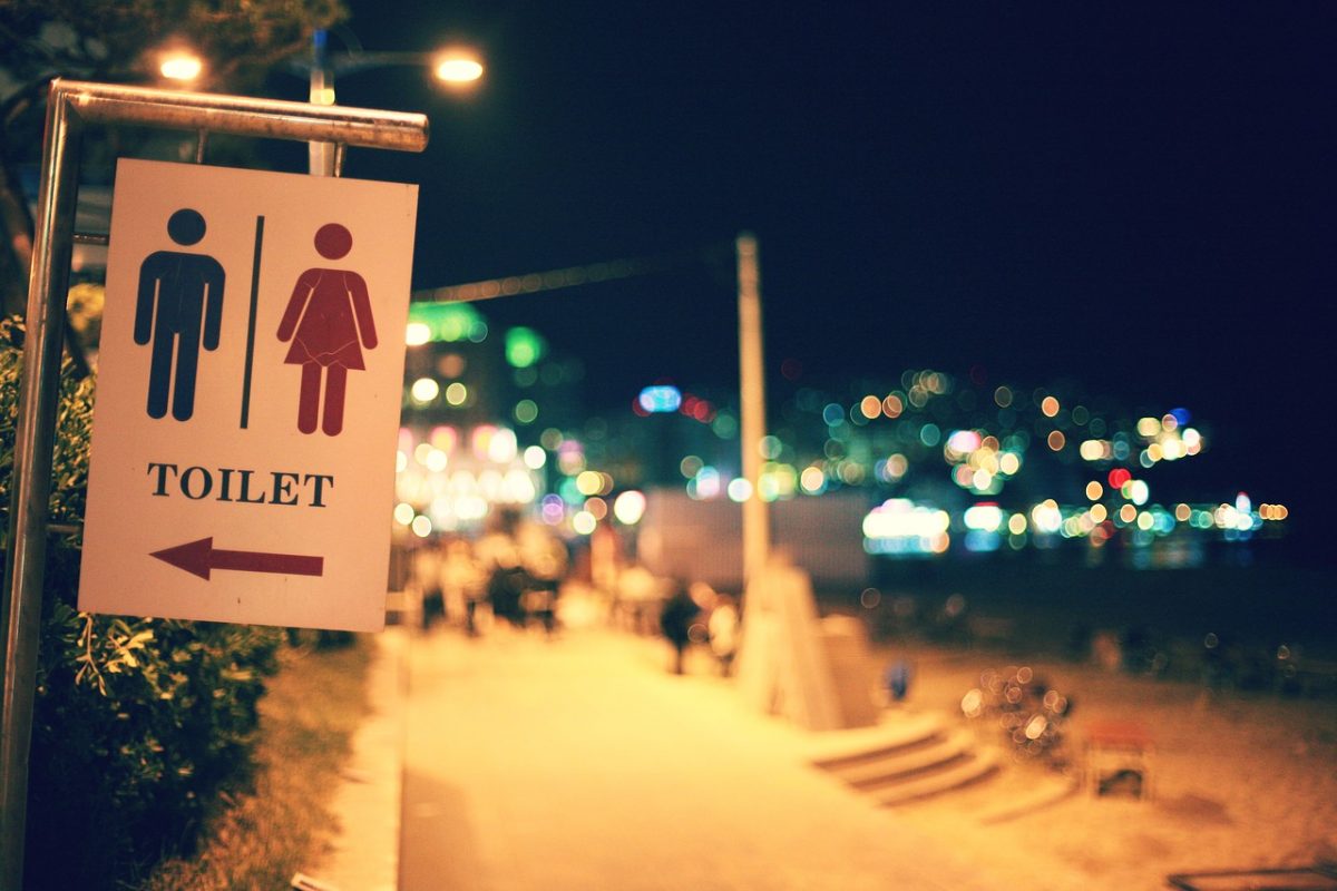 A toilet sign hangs along the street