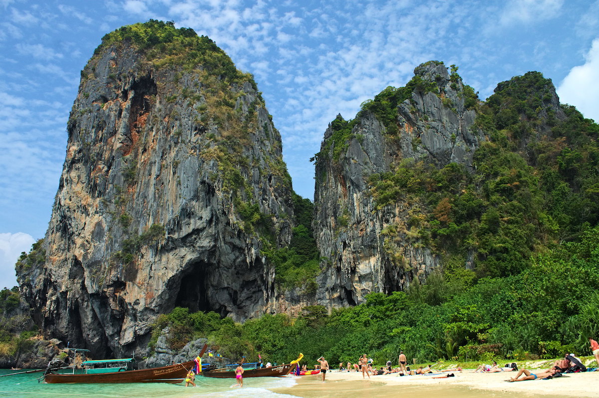 The rock formation with lush greens of the Railay cliff Ao Nang