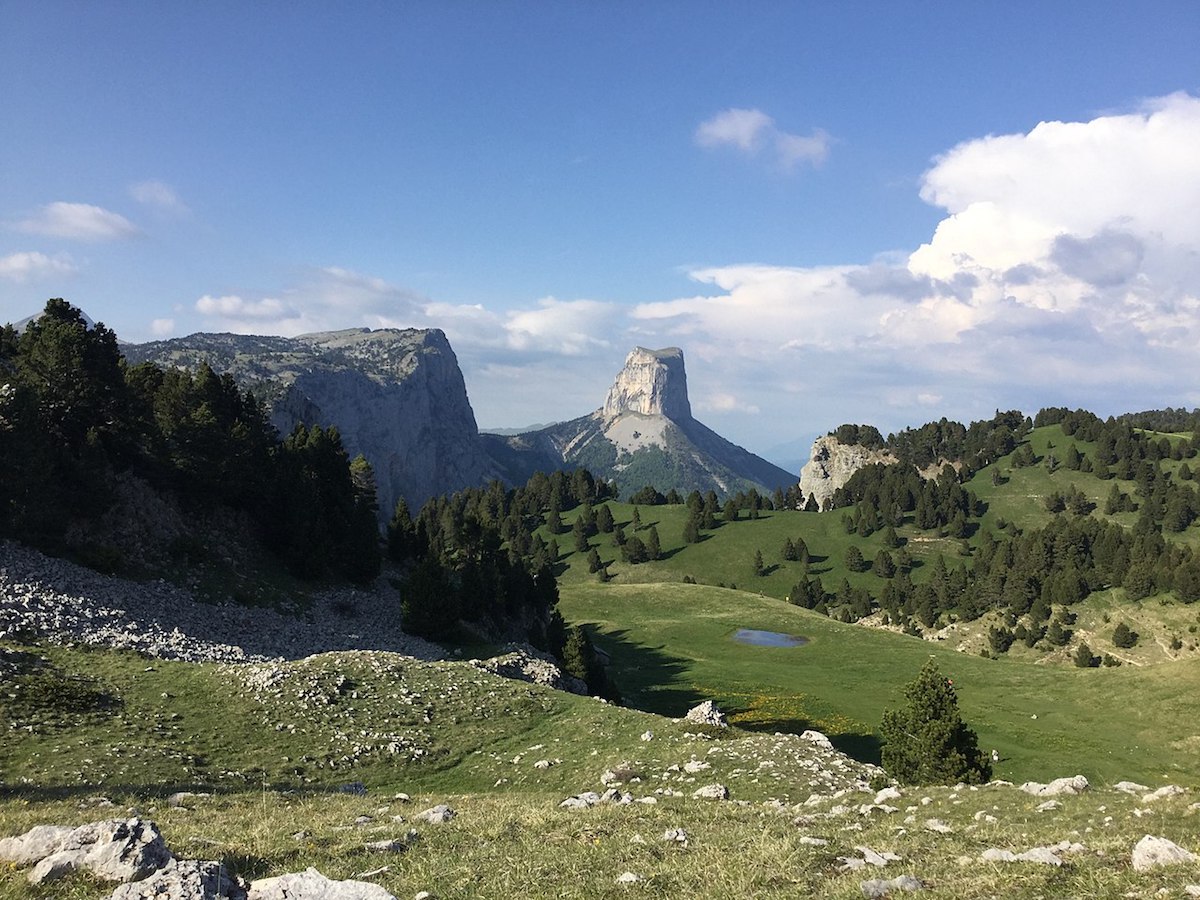 Panoramic view of Mont Aiguille on the Vercors plateaux during summer