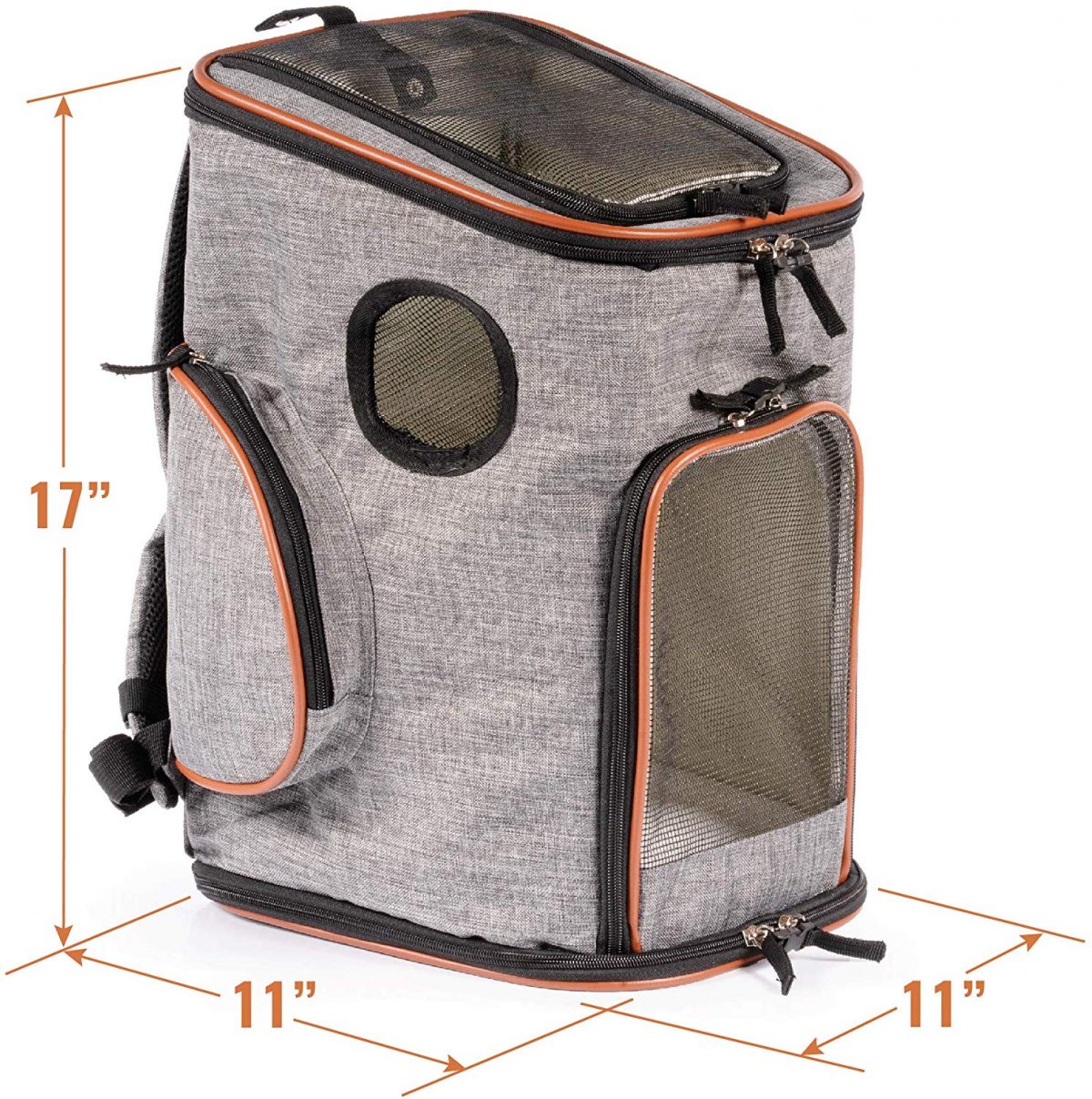 Photo of an empty grey soft-sided dog carrier pack by Pawfect Pets with brown accents and measurements for each side of the bag, measured 11” by 11” by 17” Photo of an empty grey soft-sided dog carrier pack by Pawfect Pets with brown accents and measurements for each side of the bag, measured 11” by 11” by 17”