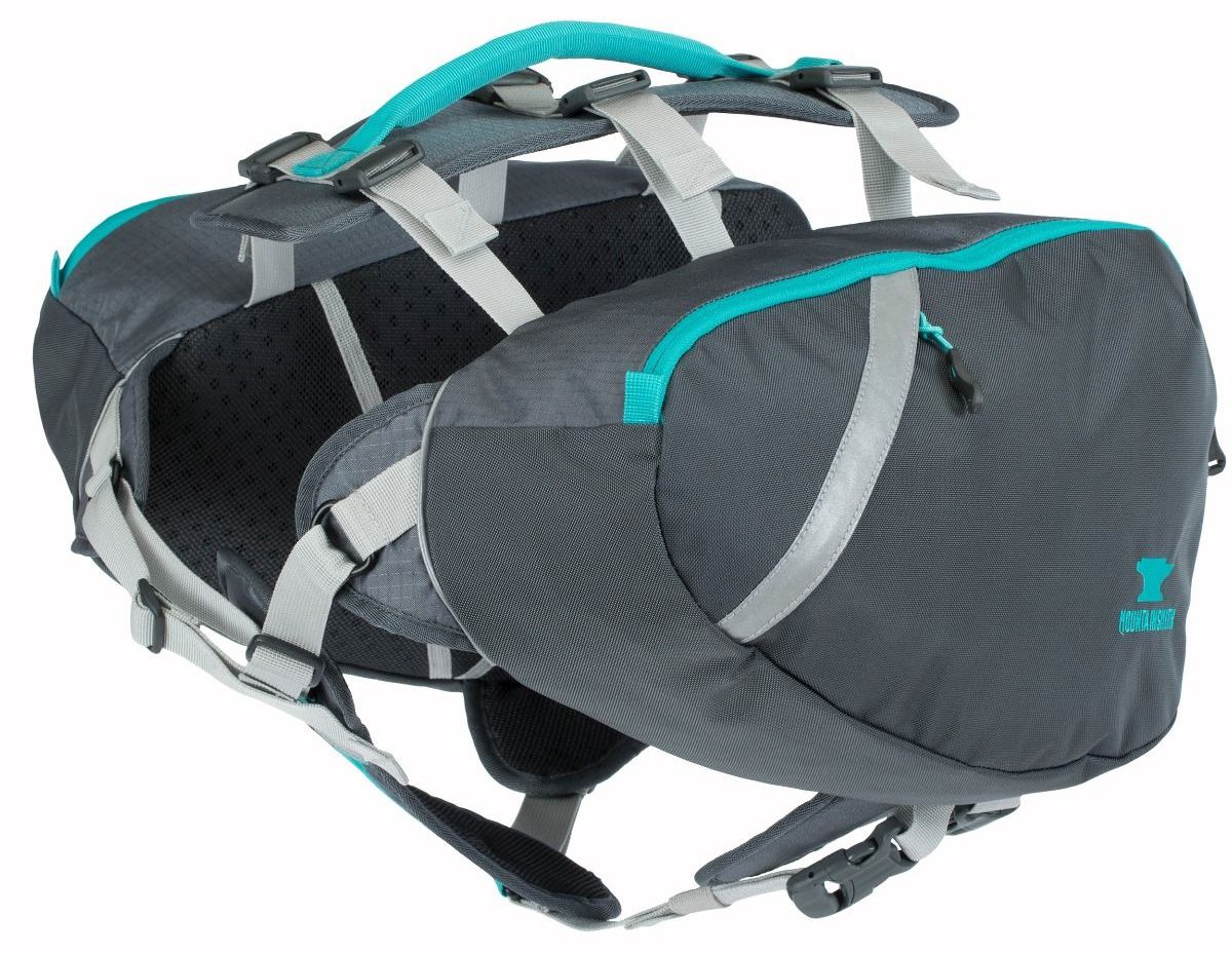Photo of the grey saddlebag with blue accents, with two compartments on both sides connected by straps and a handle on top and straps for security and fit on the bottom Photo of the grey saddlebag with blue accents, with two compartments on both sides connected by straps and a handle on top and straps for security and fit on the bottom