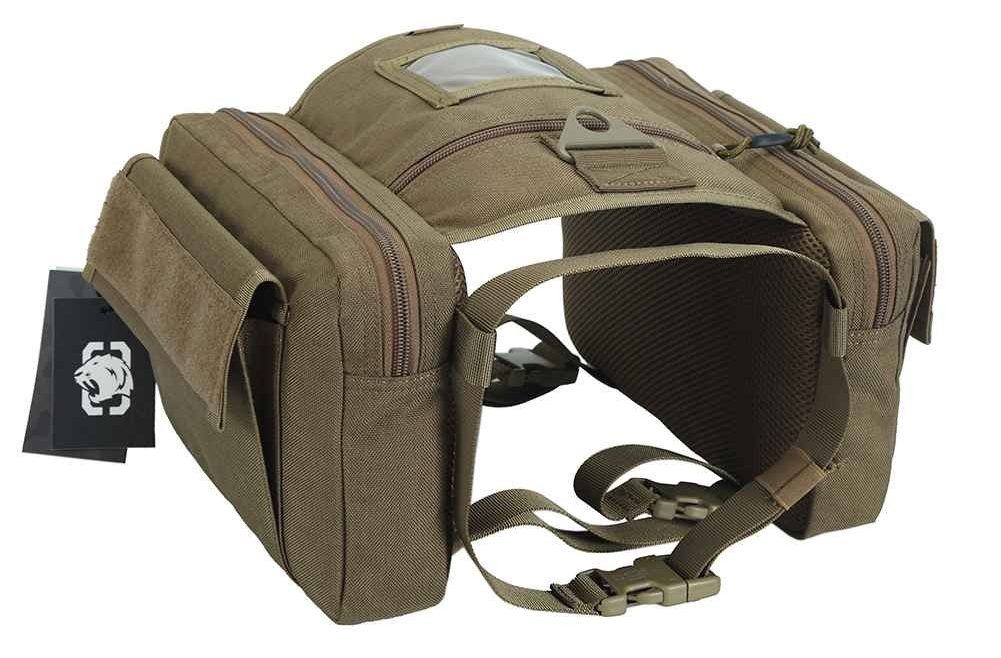 Photo of the brown saddlebag with compartments on either side connected by a padding on top with straps on the bottom and tags to the left side of the bag Photo of the brown saddlebag with compartments on either side connected by a padding on top with straps on the bottom and tags to the left side of the bag