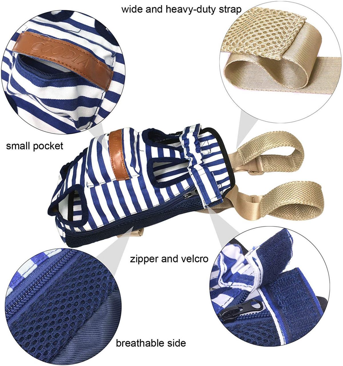Photo of the COODIA dog bagkpack with blue and white stripes, holes for the dogs’ limbs, and a dash of brown with zoomed in photos of the strap, pocket, zipper and velcro, and the mesh air ventilation Photo of the COODIA dog bagkpack with blue and white stripes, holes for the dogs’ limbs, and a dash of brown with zoomed in photos of the strap, pocket, zipper and velcro, and the mesh air ventilation