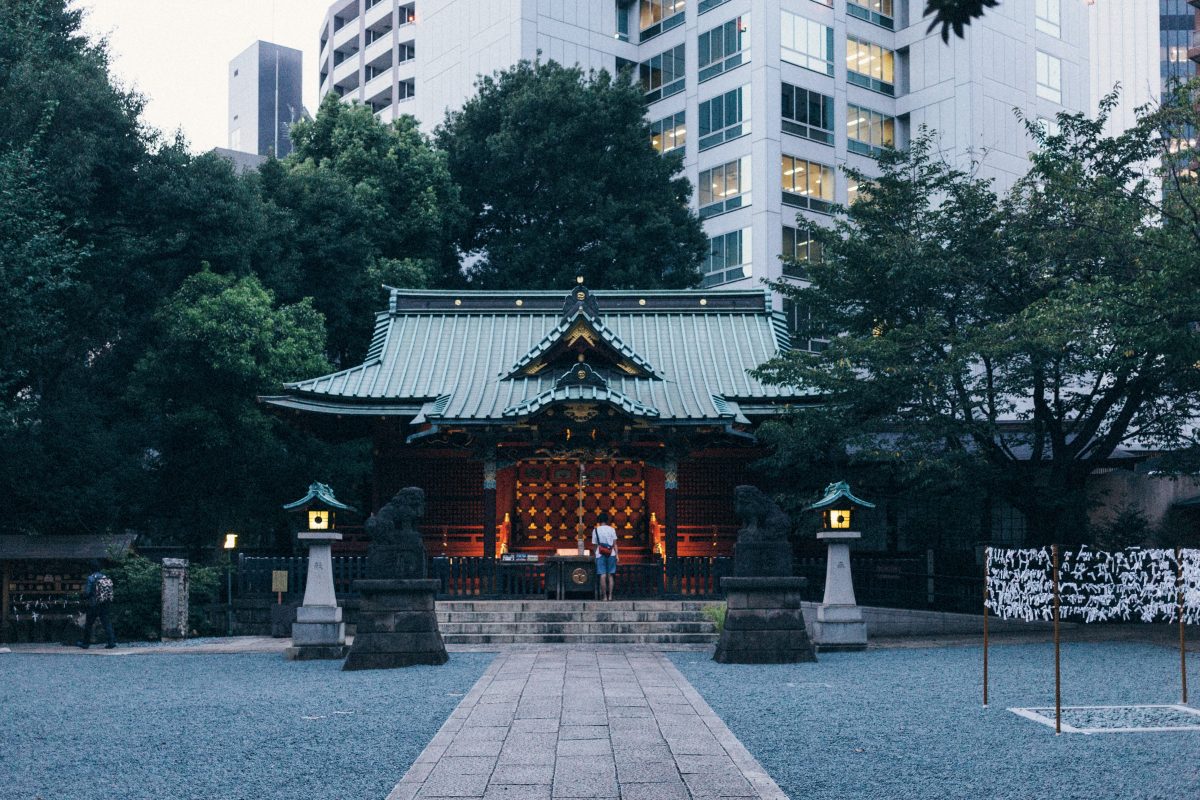 Photo of a Shinto shrine in Shibuya Tokyo with a dimly lit center and a person wearing a white shirt and blue shorts visiting, the shrine has a cemented path leading towards it and it is guarded by tow tiger statues and Japanese-style lights on both sides with trees surrounding the shrine and a backdrop of city buildings, the floor of the area is filled with pebbles and small rocks and to the right there is a structure of four thin wooden stands with string and lots of paper tied to the strings