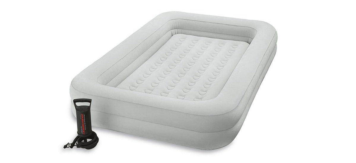 Inflatable Intex Kidz Travel Bed in light grey with built-in railings on all sides and portable pump. Inflatable Intex Kidz Travel Bed in light grey with built-in railings on all sides and portable pump.