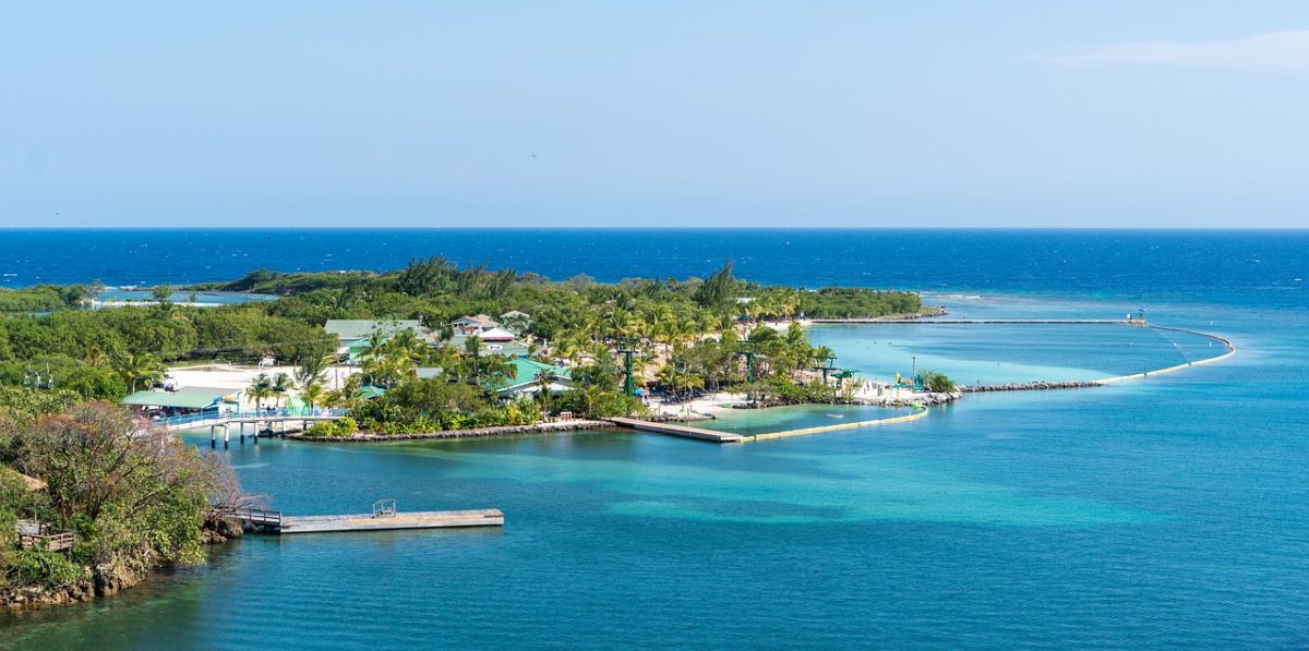 An aerial view of Mahogany Bay on the Island of Roatan in Honduras