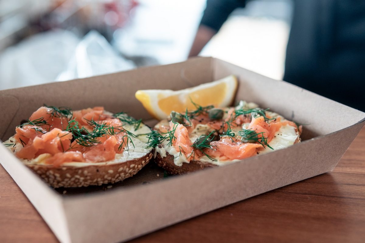 Bagels with smoked salmon Smoked salmon bagels takeaway in a box