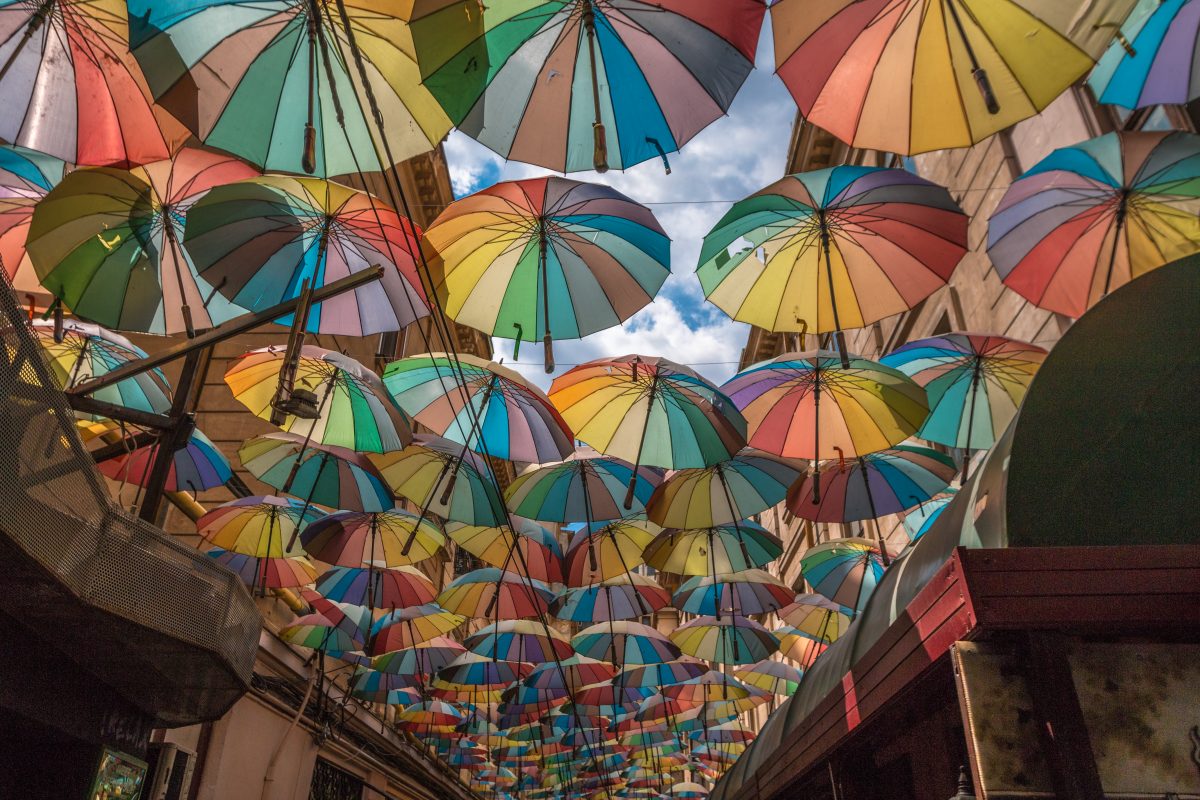 Umbrella ceiling street in Bucharest