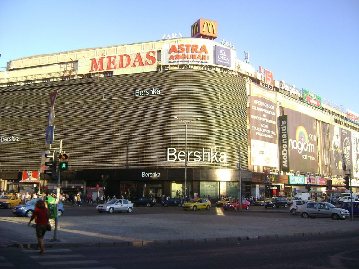 The Bershka logo as seen on the facade of Unirea Shopping Center - Bucharest