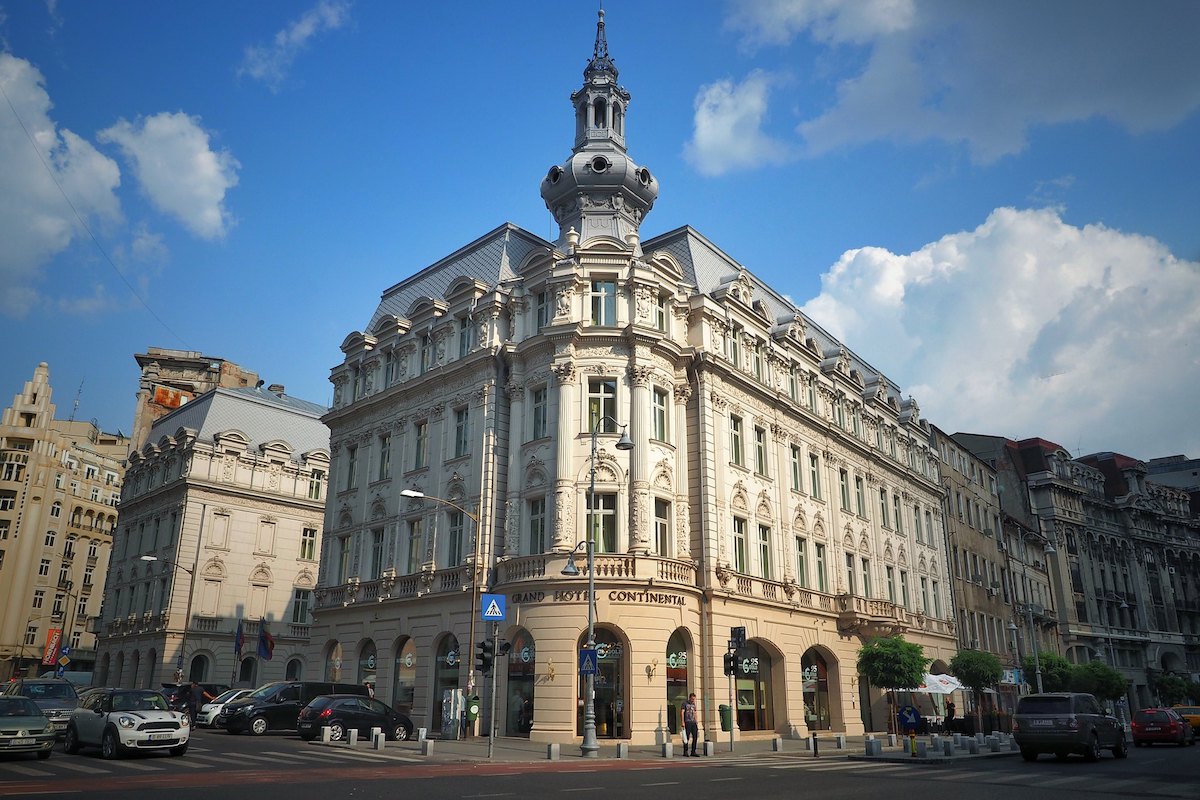 The intricate facade of Grand Hotel Continental in Bucharest, Romania