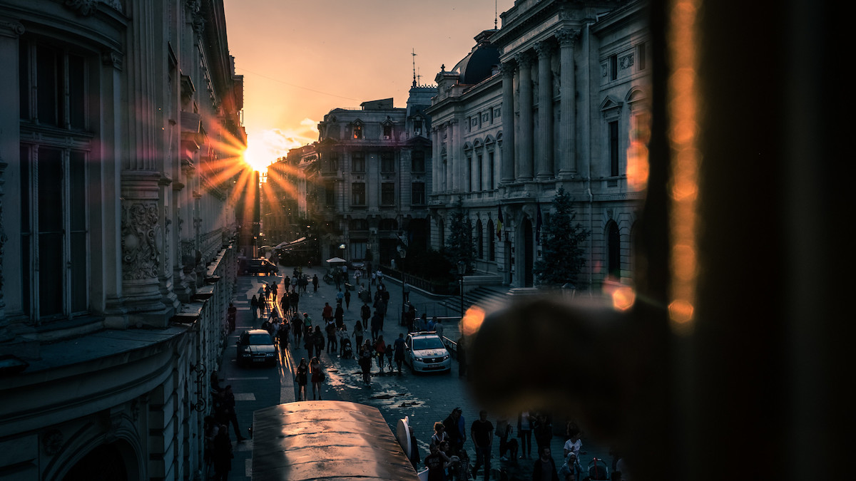 Gorgeous sunset in the old town of Bucharest, Romania