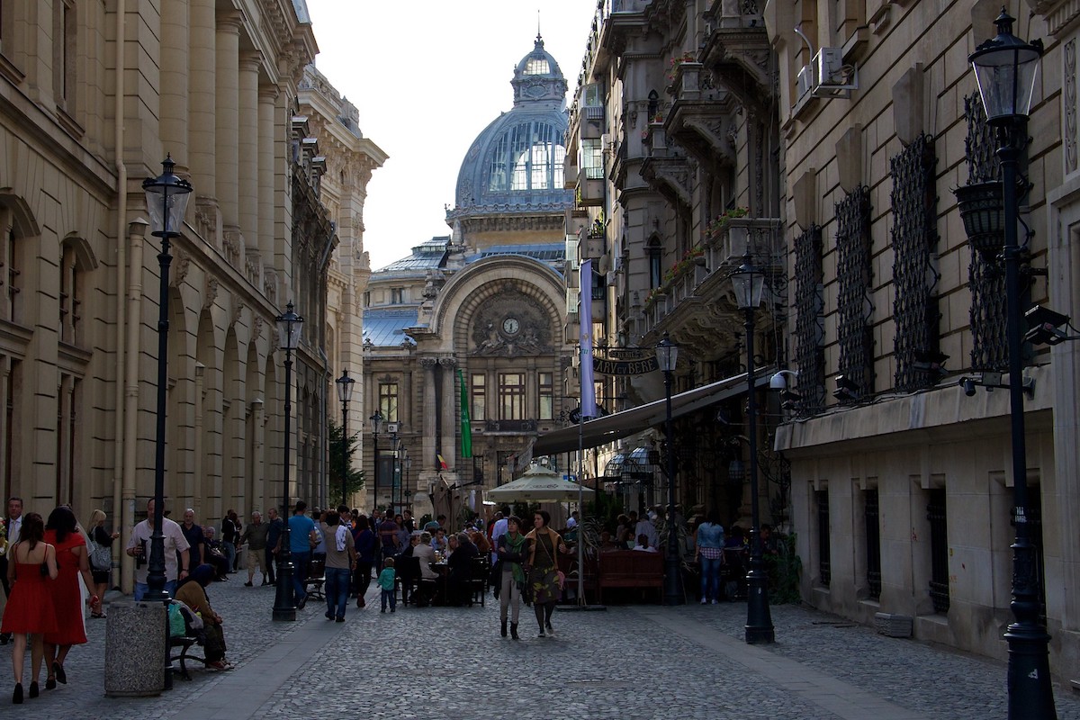 Tourists flocking a street in Bucharest, Romania
