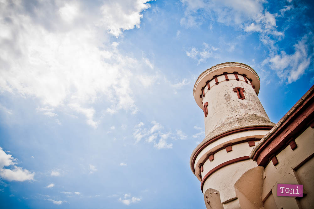 A portion of Sakya Tashi Ling is seen towering in the sky in Sitges, Spain