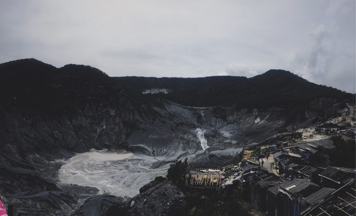 An aerial view of Tangkuban Perahu in Bandung, Indonesia